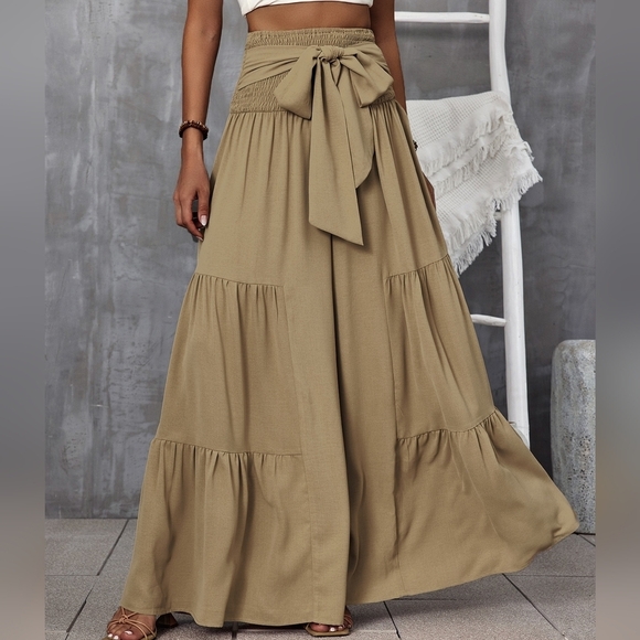 Shirred Waist Tie Front Ruffle Hem Wide Leg Pants - Picture 1 of 3